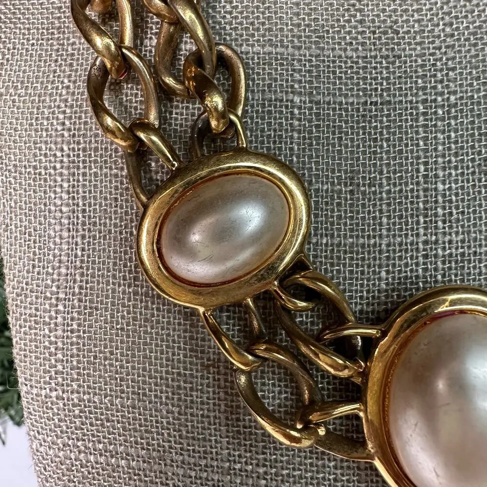 Vintage Napier Double Chain Cream Faux Pearl Choker Necklace 16.5